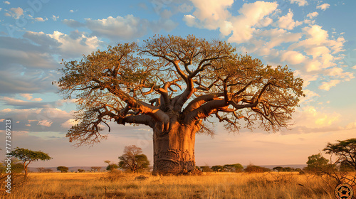 A majestic baobab tree standing tall against the vast African sky  its twisted branches reaching out like fingers.