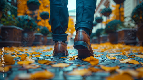 Man's legs in brown shoes on the background of autumn leaves photo
