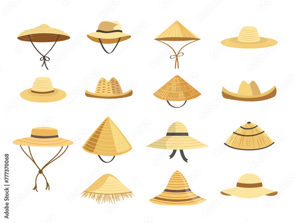 Sun hat set. Different straw farmer hats, vector illustration. Summer gardening or beach accessory. Sun hat set. Different straw farmer hats, vector illustration. Summer gardening or beach accessory.
