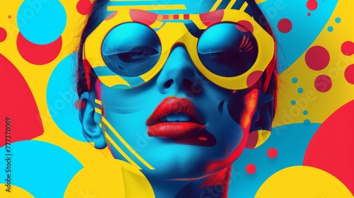 A woman with bright yellow sunglasses and colorful dots on her face  AI