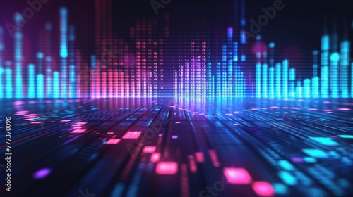 the conceptual illustration of a financial market scene with charts and investment symbols in a futuristic and sleek design