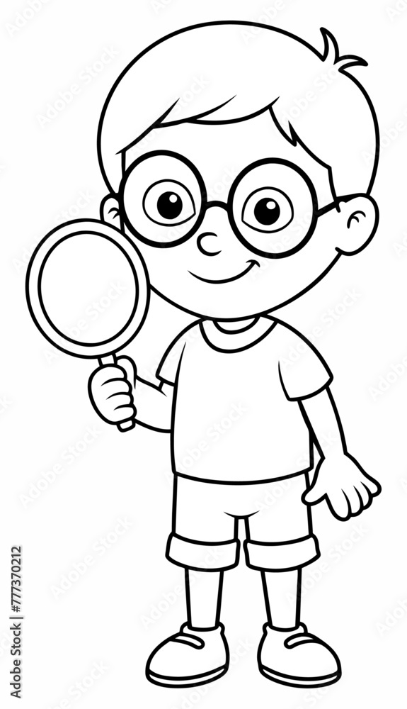 A curious child with big round glasses, holding a magnifying glass.on white background
