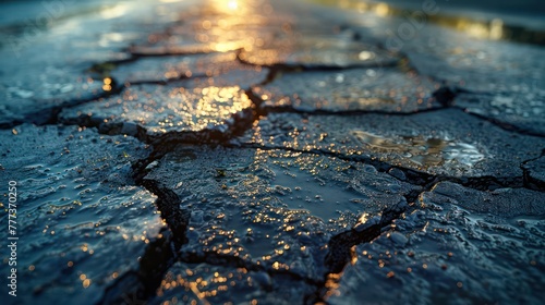 A cracked road with water on it photo