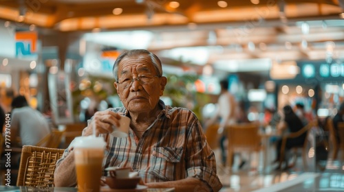Elderly man sitting alone at a food court table  contemplating while holding a drink  busy background with soft focus.