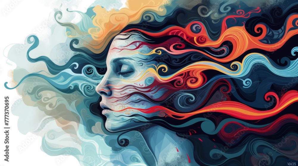 A woman with flowing hair and colorful swirls in her face, AI