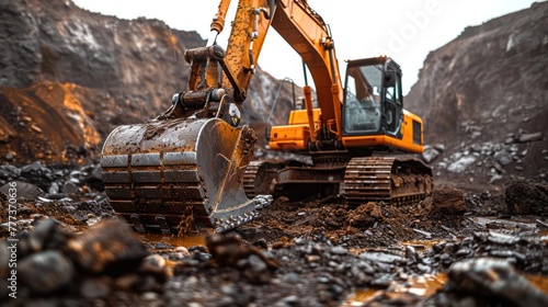 A large orange and black construction vehicle is digging into the ground