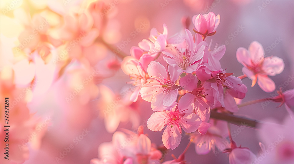 ピンクの花びらと夕焼けがマッチした拡大した桜