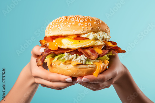 2 mains de femme tenant un énorme cheeseburger, gourmand avec de la sauce, du fromage fondu, du bacon, de la salade, des tranches de tomate, de la viande sur fond bleu clair photo
