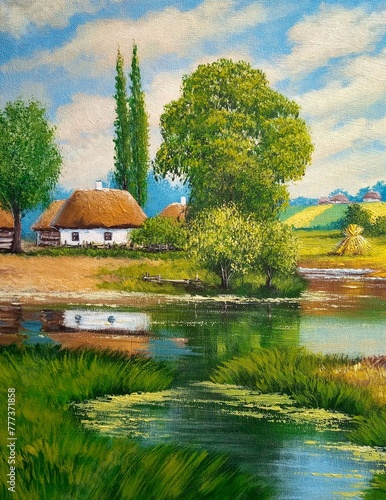 Oil paintings rustic landscape, fine art, old house on the river. Summer rural landscape, old village, sheaves of wheat on the river bank, reflection in the water.