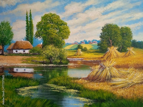 Oil paintings rustic landscape, fine art, old house on the river. Summer rural landscape, old village, sheaves of wheat on the river bank, reflection in the water.