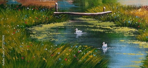 Oil paintings rural landscape, grass, lake, ducks in the pond