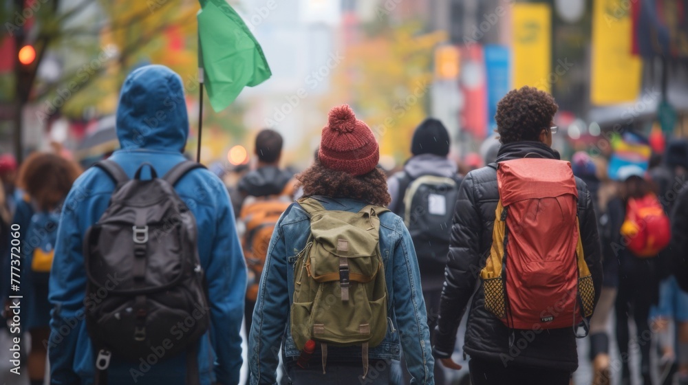 A group of people walking down a street with backpacks, AI A group of people walking down a street with backpacks, AI