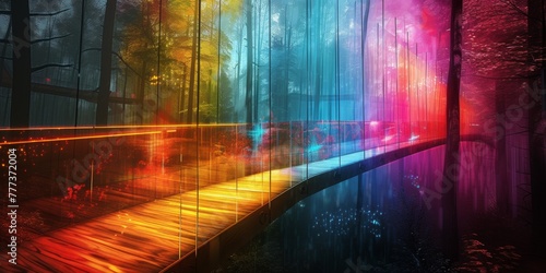 A colorful bridge in a forest with trees and lights, AI