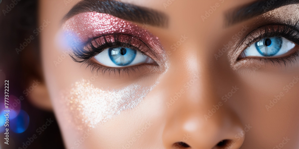 Fashion model in colorful bright lights with trendy make-up. Close-up of woman eye.