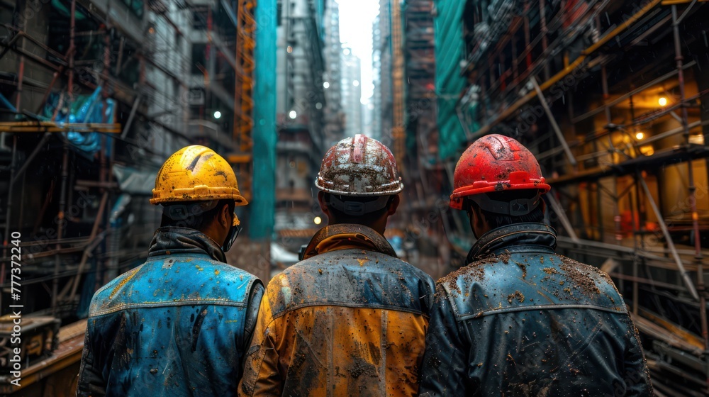 Three men wearing hard hats stand in a construction zone Three men wearing hard hats stand in a construction zone