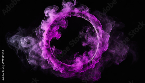 Purple smoke in form of circle isolated on black background.