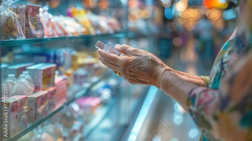Elderly person's hand reaching for a product on a grocery store shelf with blurred items in the background.