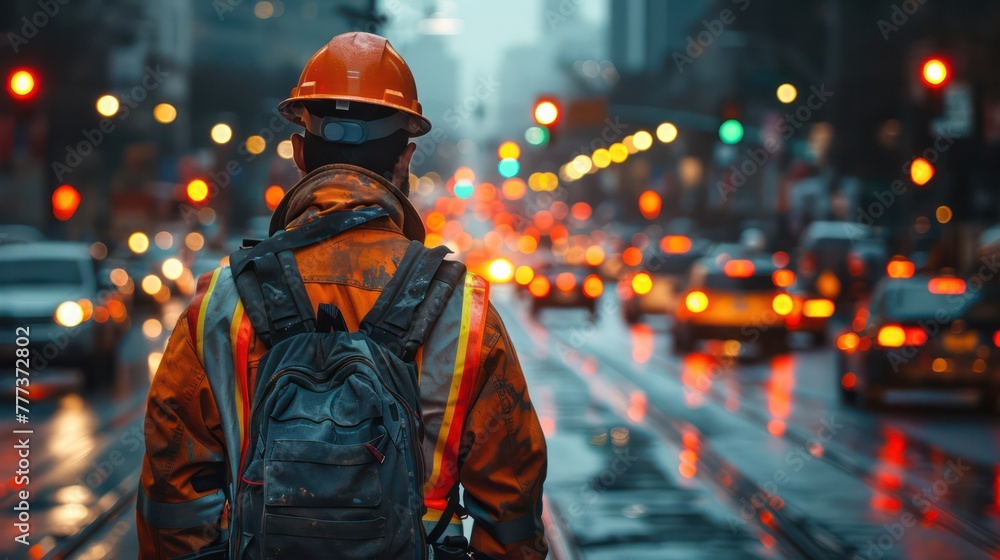 A man in an orange jacket and a backpack is walking down a street with cars A man in an orange jacket and a backpack is walking down a street with cars