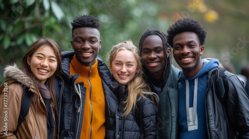 A group of young people standing together smiling for the camera, AI