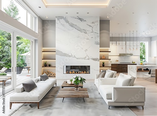 Modern living room with fireplace and open kitchen in new home  white walls and grey marble accent wall