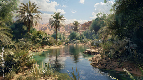 A secluded oasis hidden deep within the desert, with lush vegetation thriving around a tranquil watering hole.