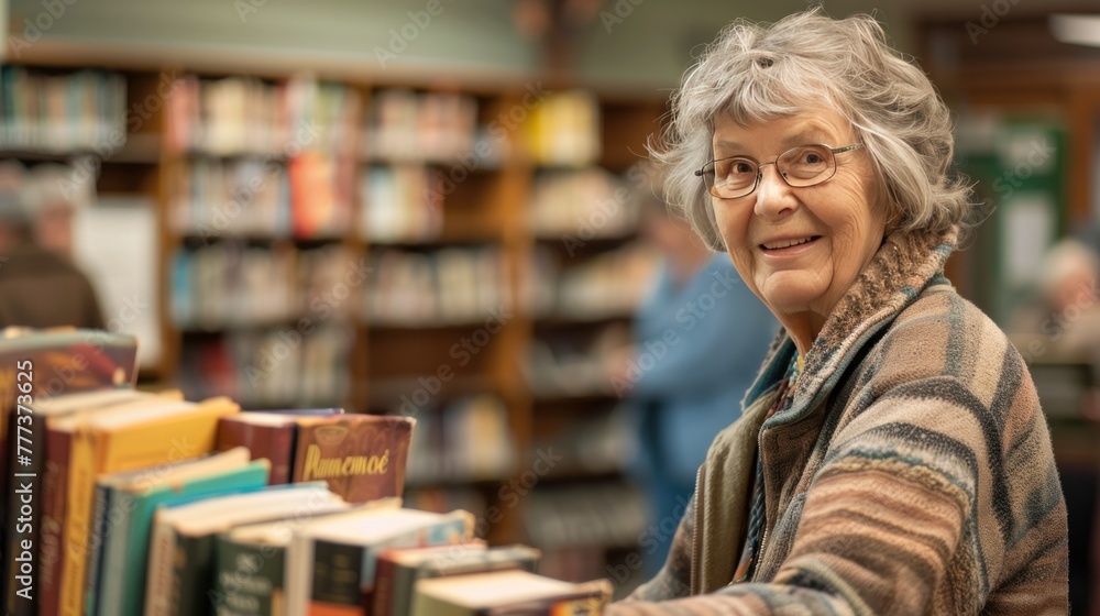 Elderly woman with glasses and gray hair browsing books in a library aisle, looking back over her shoulder, smiling. Elderly woman with glasses and gray hair browsing books in a library aisle, looking back over her shoulder, smiling.