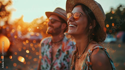 Straight couple, wearing regular glasses or sunglasses in a moment of affection during a party