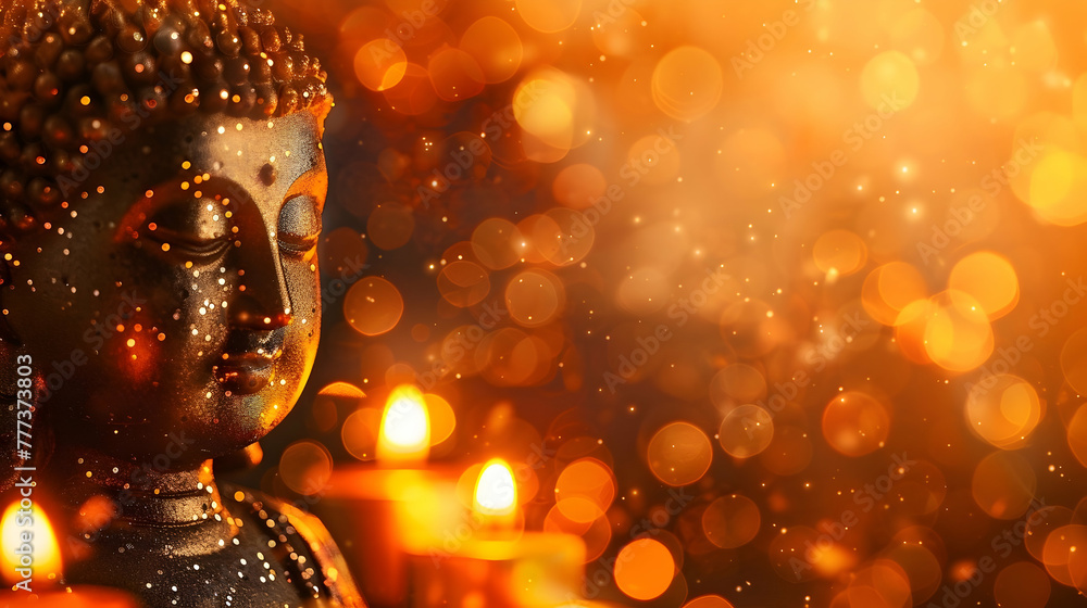 On this Vesak Day banner, a Buddha statue and burning candles against a warm orange background call for reflection and peace, surrounded by shimmering bokeh and sparkle, with free space. On this Vesak Day banner, a Buddha statue and burning candles against a warm orange background call for reflection and peace, surrounded by shimmering bokeh and sparkle, with free space.