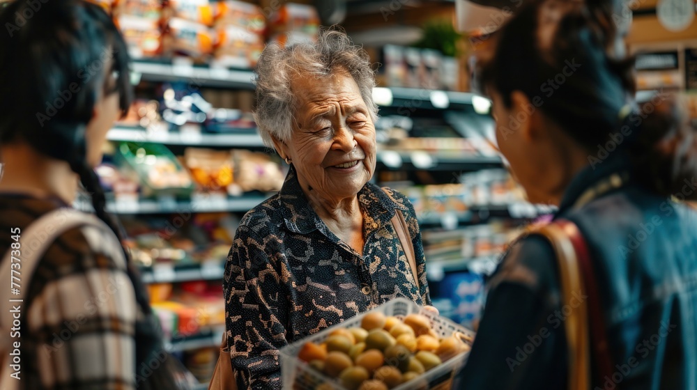 Elderly woman smiling while holding a basket of fruit, chatting with another person in a colorful grocery store aisle.
