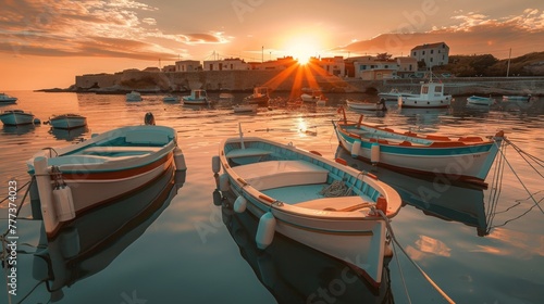 Small boats on calm water, moored in the harbor during sunset. © JovialFox
