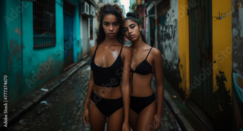 Sexy, mysterious and exotic Brazilian teenage erotic models, posing passionate in bikini in neighborhood, Favela in Rio de Janeiro, Brazil