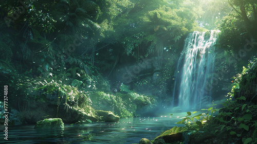 A secluded waterfall hidden deep within the jungle, its pristine waters cascading down moss-covered rocks.