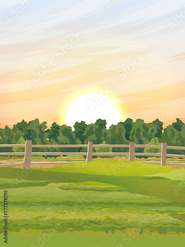 A green meadow and thickets of bushes in a wooden fence. Pasture or paddock. Realistic vector landscape