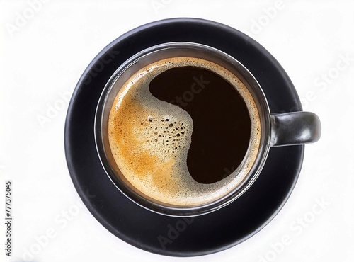 Black cup of hot coffee isolated on white background, top view, closeup