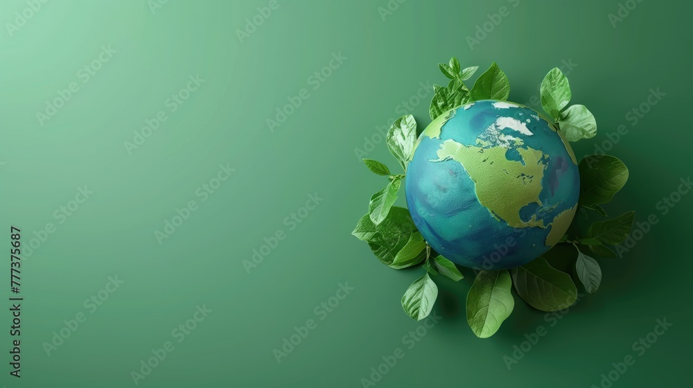 Earth globe with green plant leaves, eco friendly backdrop on a solid ...
