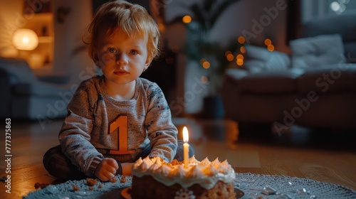 Happy one year old boy holding a birthday cake celebrating first birthday. photo
