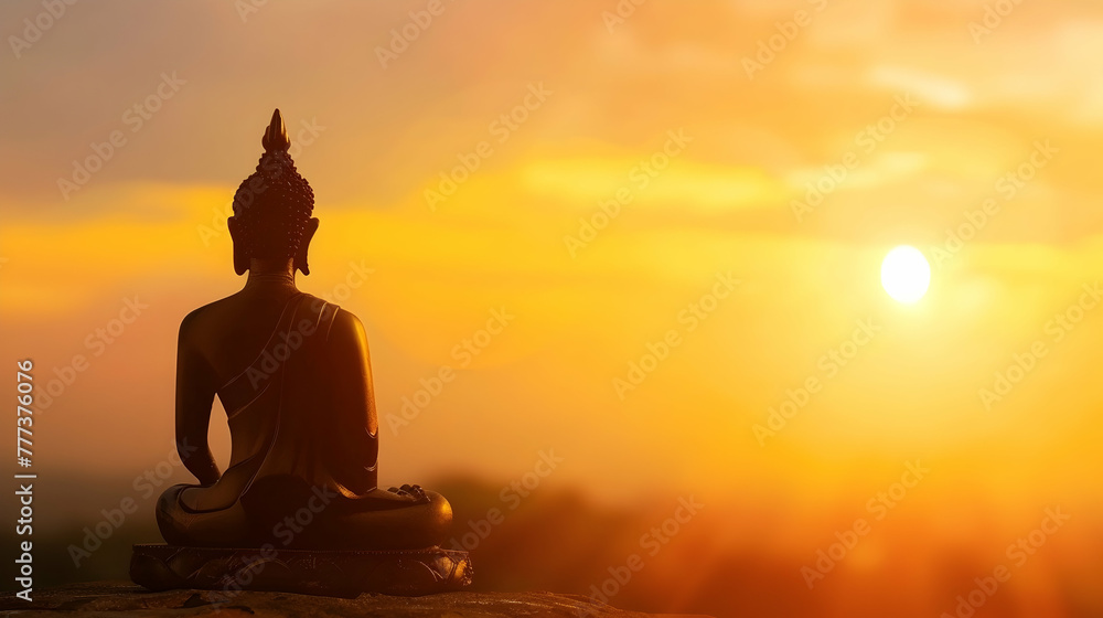 Vesak day banner with copy space, silhouette of buddha against the background of clouds illuminated by the dawn sun with space for text