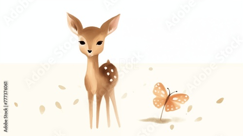 Charming Illustration of a Fawn and Butterfly in Pastel Tones