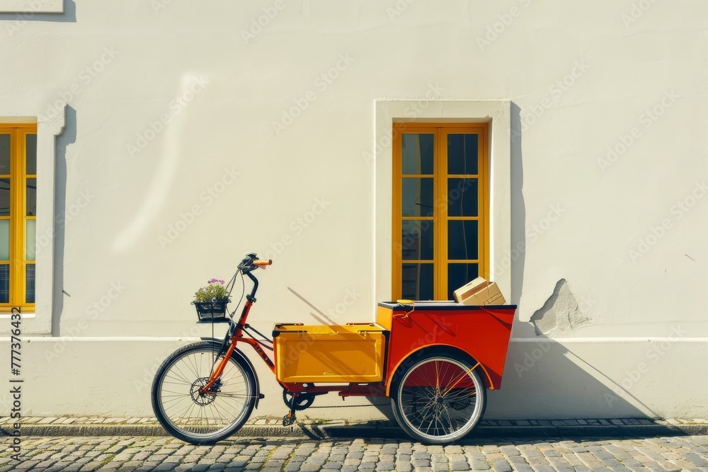 Colorful cargo bike with parcels parked against a white wall