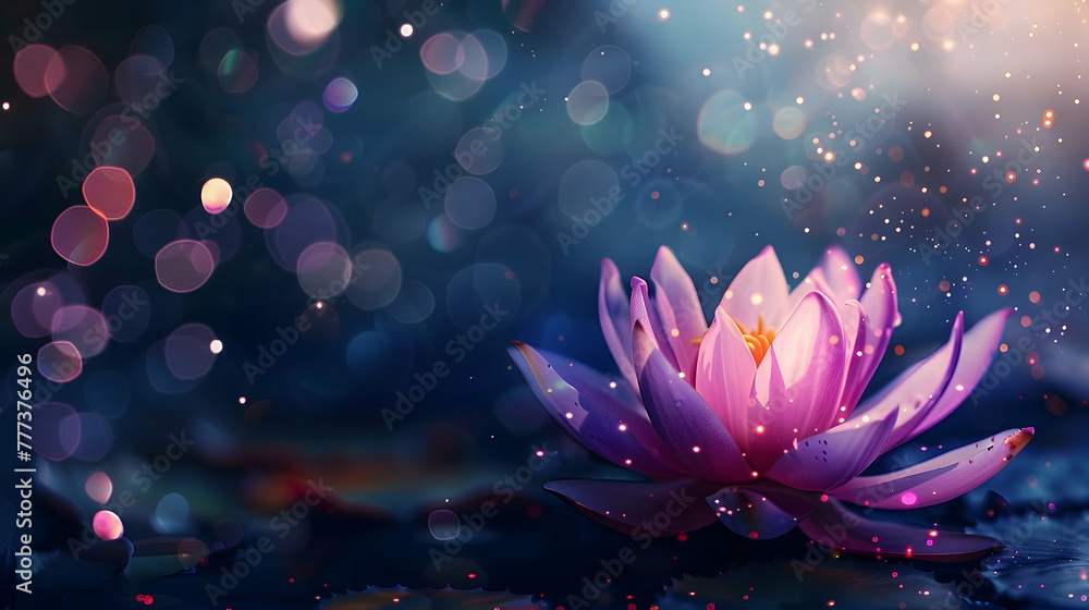 glowing lotus on a dark background with glitter and bokeh with copy space glowing lotus on a dark background with glitter and bokeh with copy space