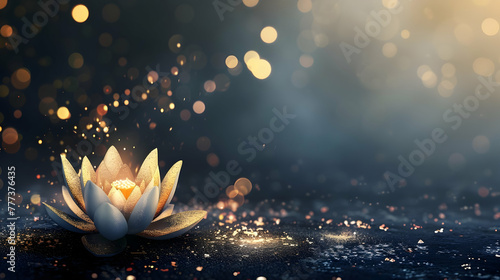 glowing lotus on a dark background with glitter and bokeh with copy space