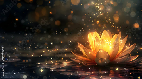 glowing lotus on a dark background with glitter and bokeh with copy space