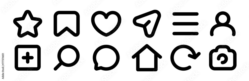 Basic icon set. 12 icons for social media or web resources. Vector illustration Basic icon set. 12 icons for social media or web resources. Vector illustration