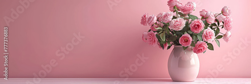 pink roses in vase  on pink table against  pink wall background, copy space. Web banner,Valentine's Day, Happy Women's Day,Mother's Day, birthday,