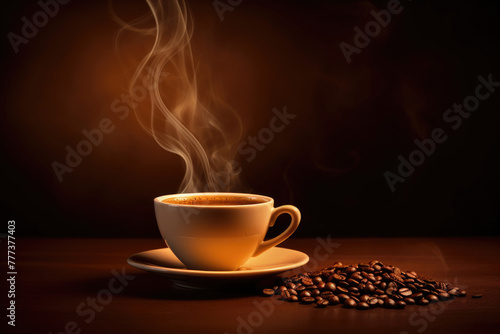 Steaming Coffee Cup with Beans on Dark Wood