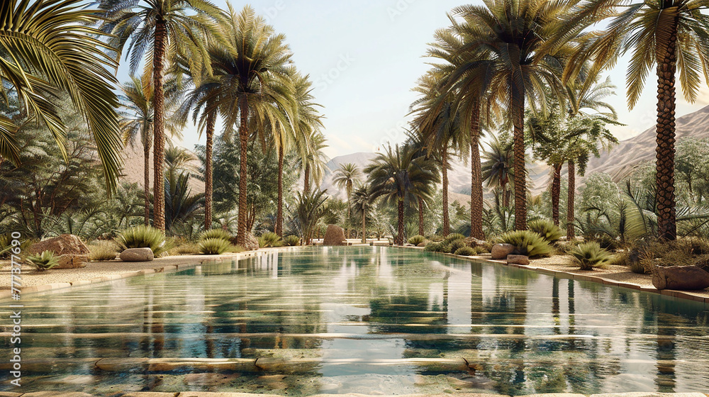 A serene oasis in the heart of the desert, with towering palm trees providing shade for weary travelers under the scorching sun.