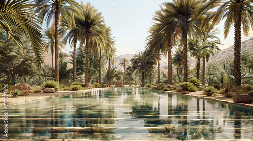 A serene oasis in the heart of the desert, with towering palm trees providing shade for weary travelers under the scorching sun. © umair