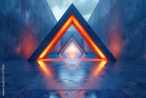 Fototapeta Naklejka Na Ścianę i Meble -  Vibrant 3D rendering of a symmetrical triangle tunnel bathed in neon lighting creating a dynamic and futuristic atmosphere