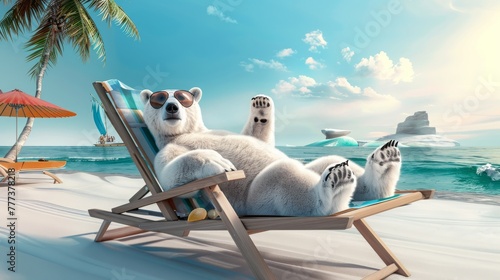 Polar bear in sunglasses in a sun lounger resting on a tropical beach. 