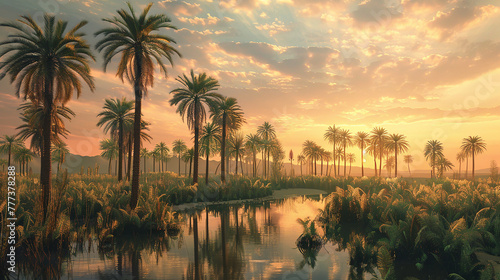 A serene oasis in the midst of the desert, with palm trees swaying gently in the breeze under the African sun. © umair